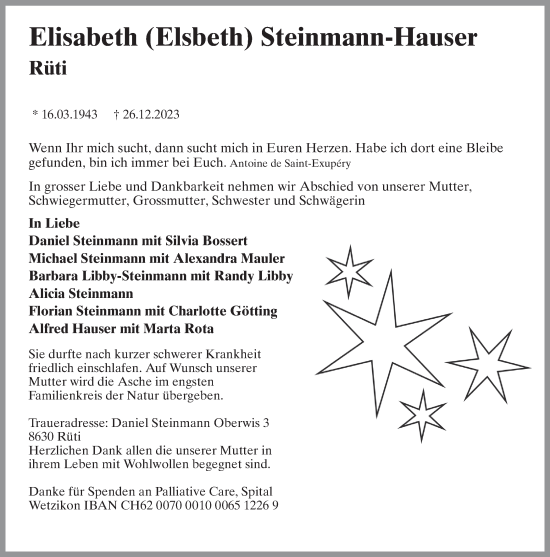 Traueranzeige von Elisabeth  Steinmann-Hauser von ZO solo