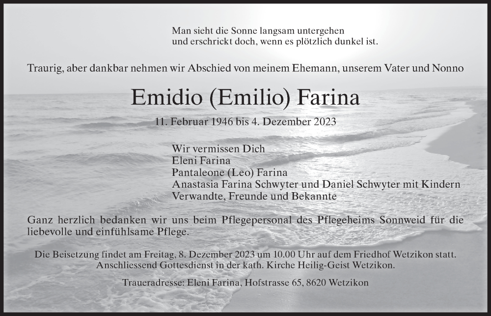  Traueranzeige für Emidio Farina vom 06.12.2023 aus AvU