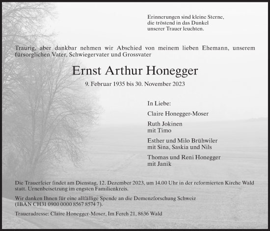Traueranzeige von Ernst Arthur Honegger von AvU