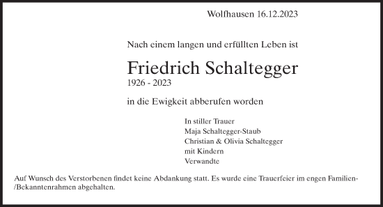 Traueranzeige von Friedrich Schaltegger von ZO solo