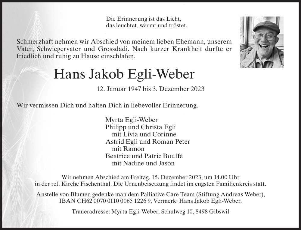  Traueranzeige für Hans Jakob Egli-Weber vom 06.12.2023 aus AvU
