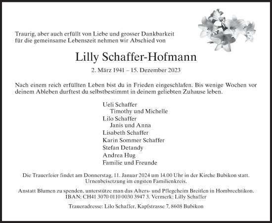 Traueranzeige von Lilly Schaffer-Hofmann von ZO solo