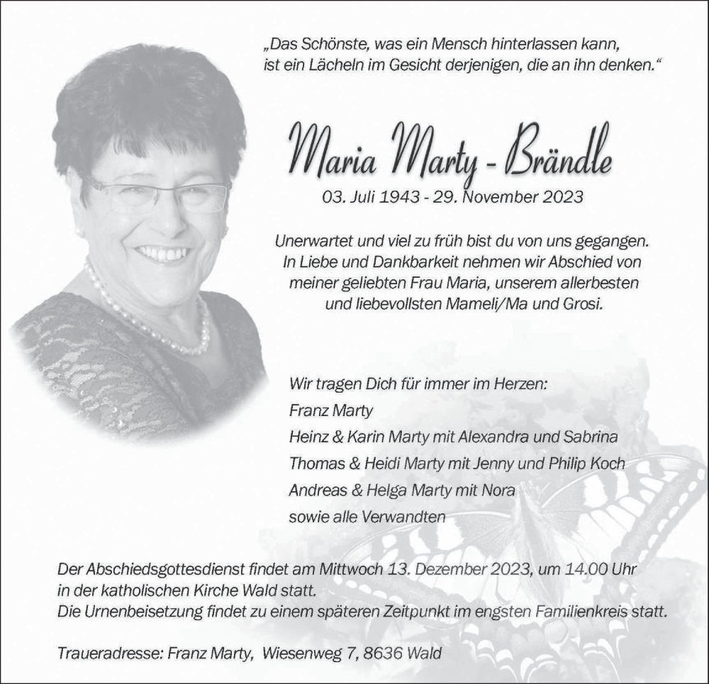  Traueranzeige für Maria Marty Brändle vom 06.12.2023 aus AvU