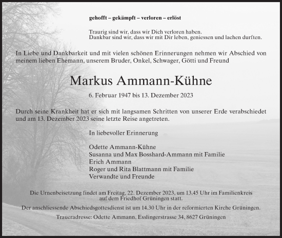 Traueranzeige von Markus Ammann-Kühne von ZO solo