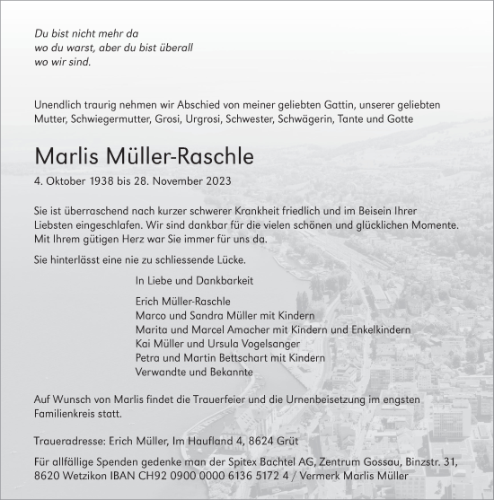 Traueranzeige von Marlis Müller-Raschle von AvU