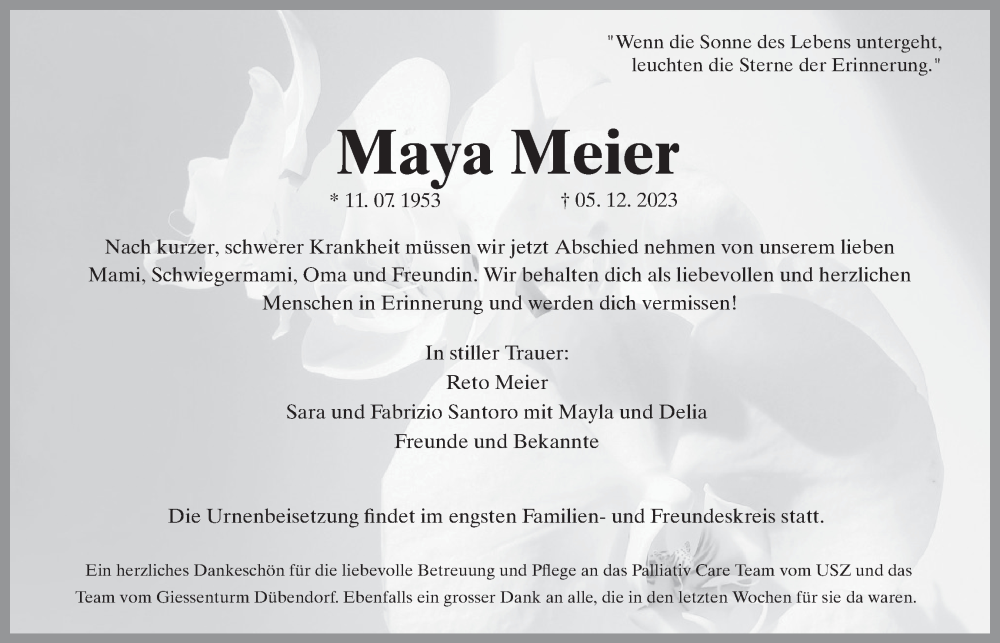  Traueranzeige für Maya Meier vom 08.12.2023 aus VO solo