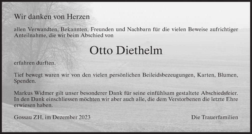  Traueranzeige für Otto Diethelm vom 27.12.2023 aus ZO solo