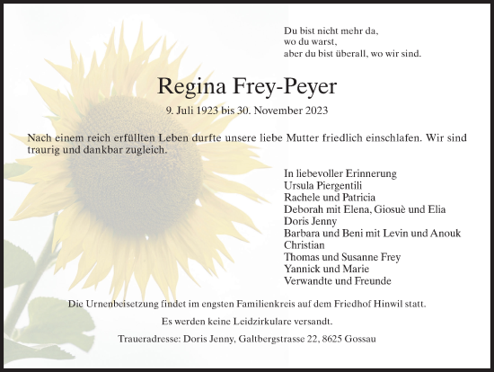 Traueranzeige von Regina Frey-Peyer von AvU
