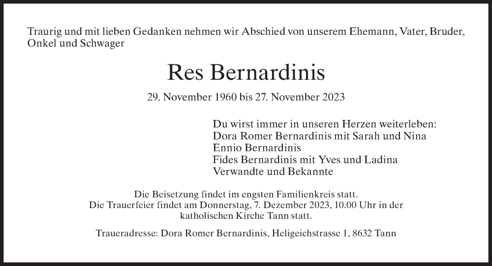  Traueranzeige für Res Bernardinis vom 05.12.2023 aus ZO solo
