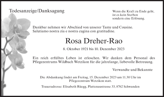 Traueranzeige von Rosa Dreher-Rao von AvU