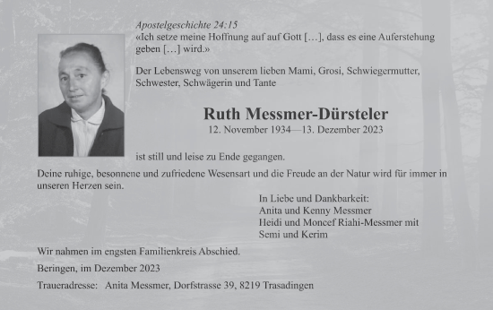 Traueranzeige von Ruth Messmer-Dürsteler von ZO solo