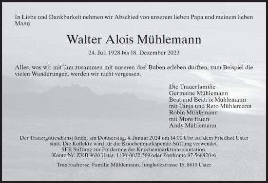 Traueranzeige von Walter Alois Mühlemann von ZO solo
