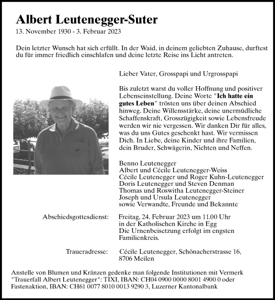 Traueranzeige von Albert Leutenegger-Suter von AvU