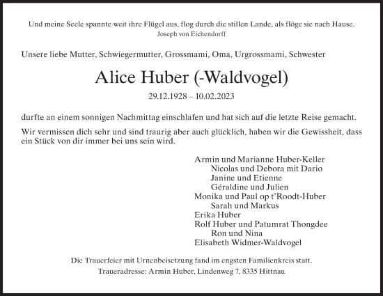 Traueranzeige von Alice Huber von AvU