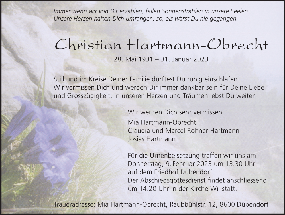  Traueranzeige für Christian Hartmann-Obrecht vom 03.02.2023 aus VO solo
