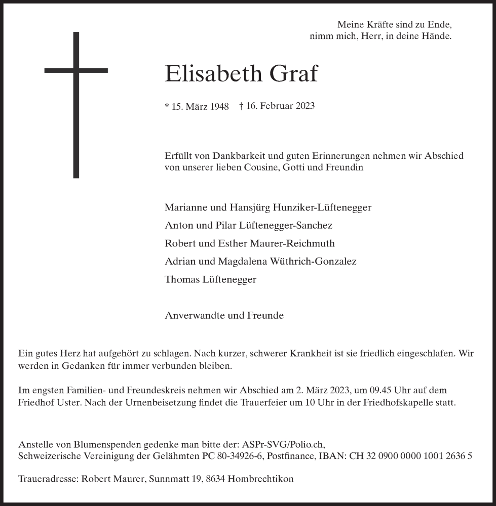  Traueranzeige für Elisabeth Graf vom 22.02.2023 aus AvU