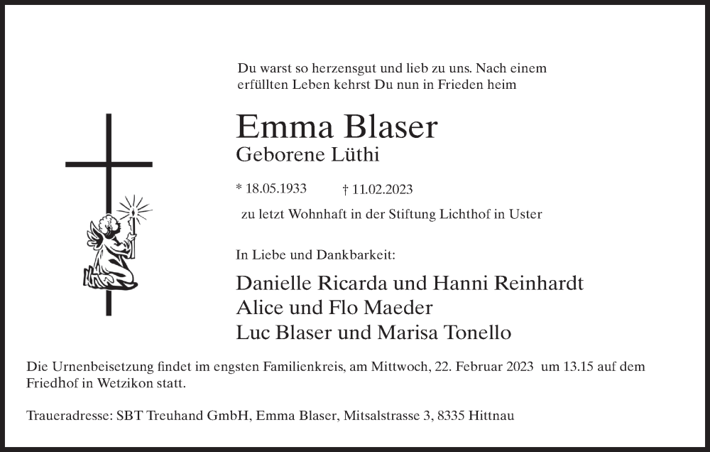  Traueranzeige für Emma Blaser vom 16.02.2023 aus ZO solo