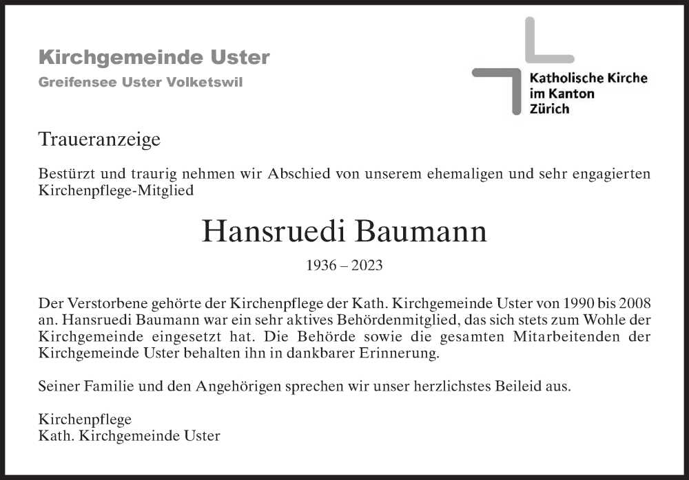  Traueranzeige für Hansruedi Baumann vom 08.02.2023 aus AvU