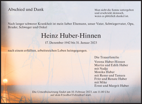 Traueranzeige von Heinz Huber-Hinnen von AvU