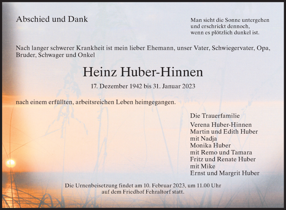  Traueranzeige für Heinz Huber-Hinnen vom 03.02.2023 aus AvU