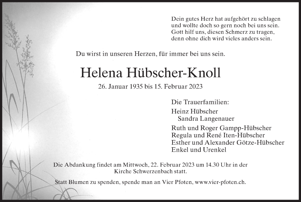  Traueranzeige für Helena Hübscher-Knoll vom 20.02.2023 aus ZO solo
