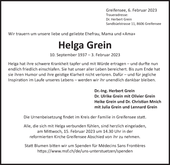 Traueranzeige von Helga Grein von AvU