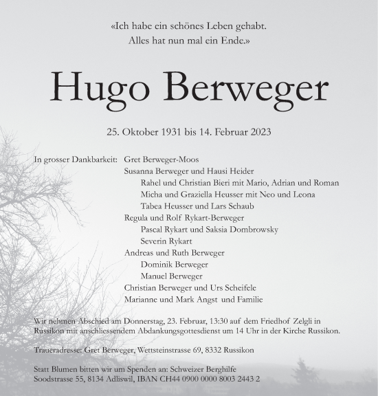Traueranzeige von Hugo Berweger von ZO solo