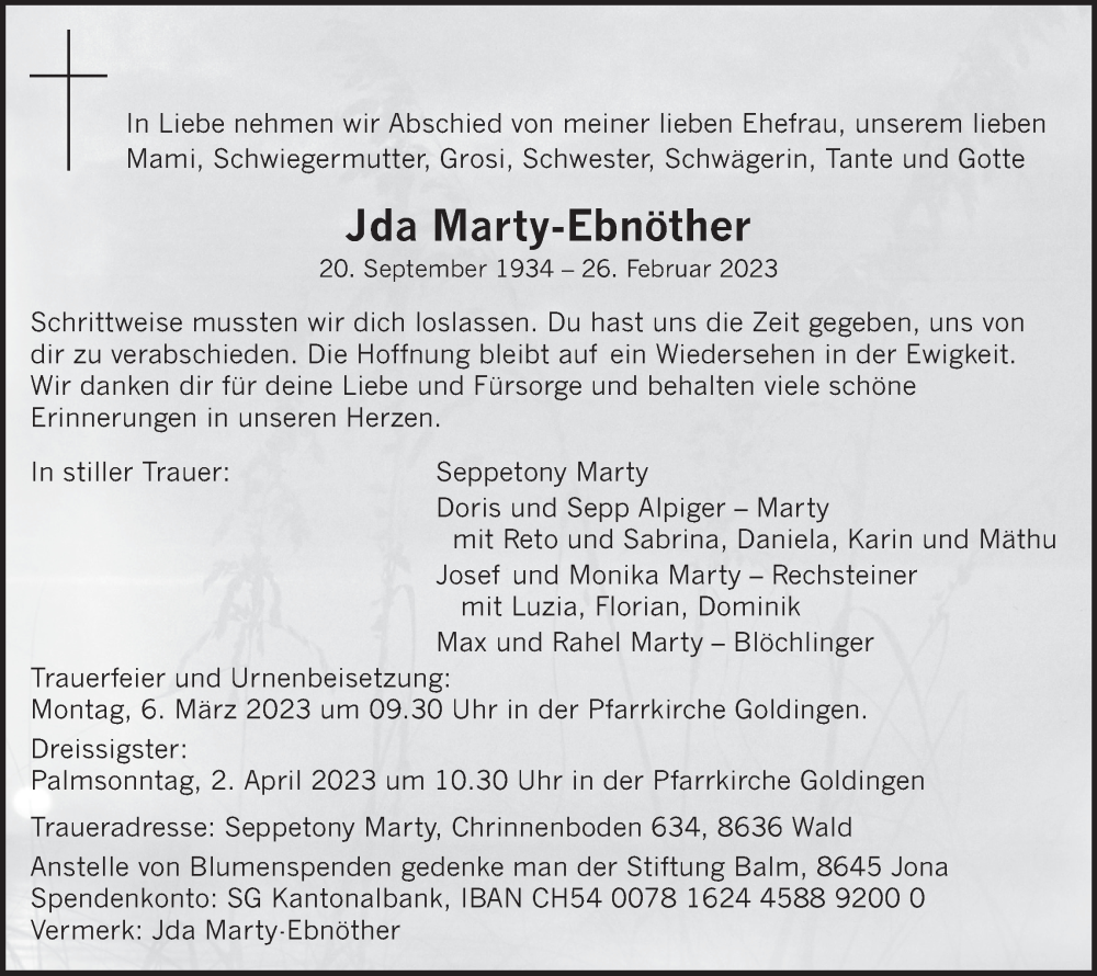  Traueranzeige für Jda Marty-Ebnöther vom 01.03.2023 aus AvU