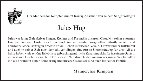 Traueranzeige von Jules Hug von AvU