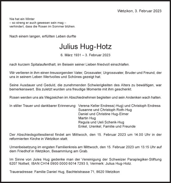 Traueranzeige von Julius Hug-Hotz von AvU