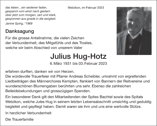 Traueranzeige von Julius Hug-Rotz von AvU