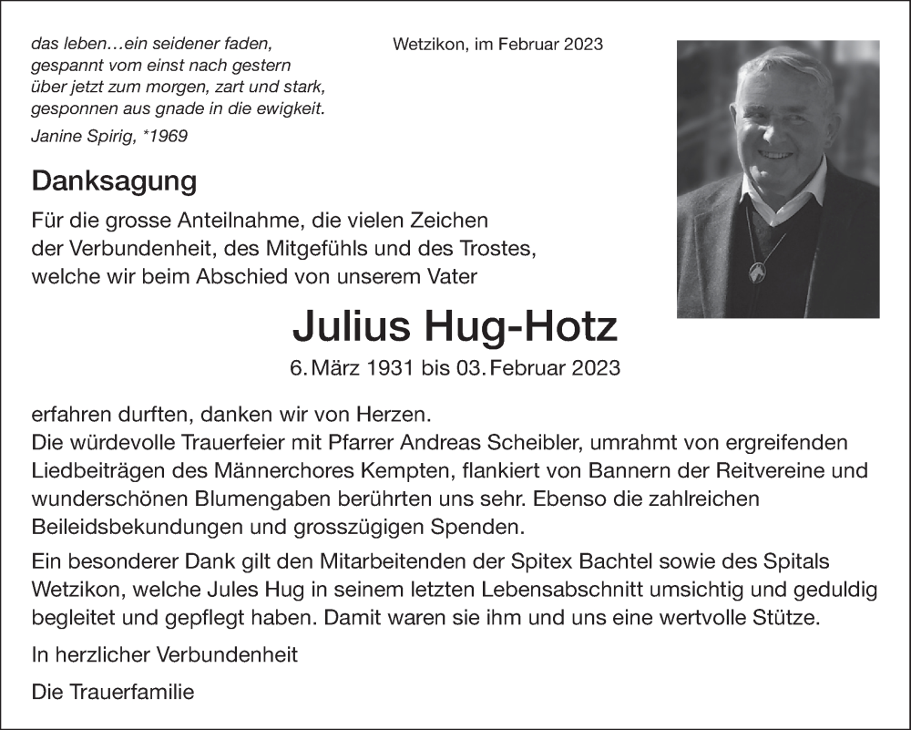  Traueranzeige für Julius Hug-Rotz vom 01.03.2023 aus AvU