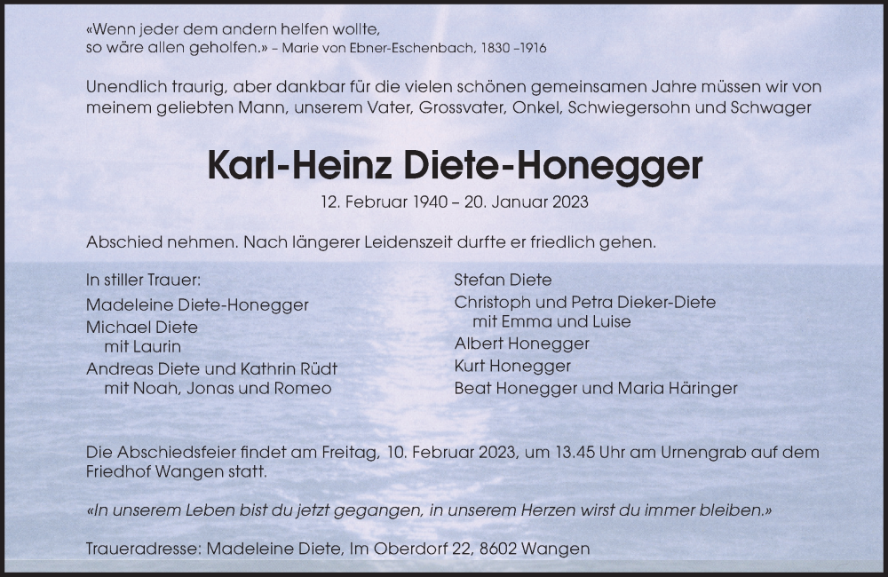  Traueranzeige für Karl-Heinz Diete-Honegger vom 03.02.2023 aus VO solo