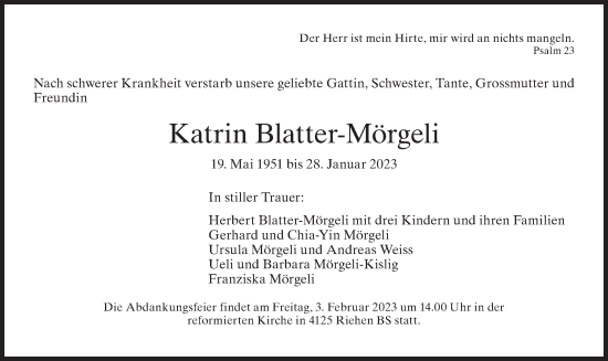 Traueranzeige von Katrin Blatter-Mörgeli von VO solo
