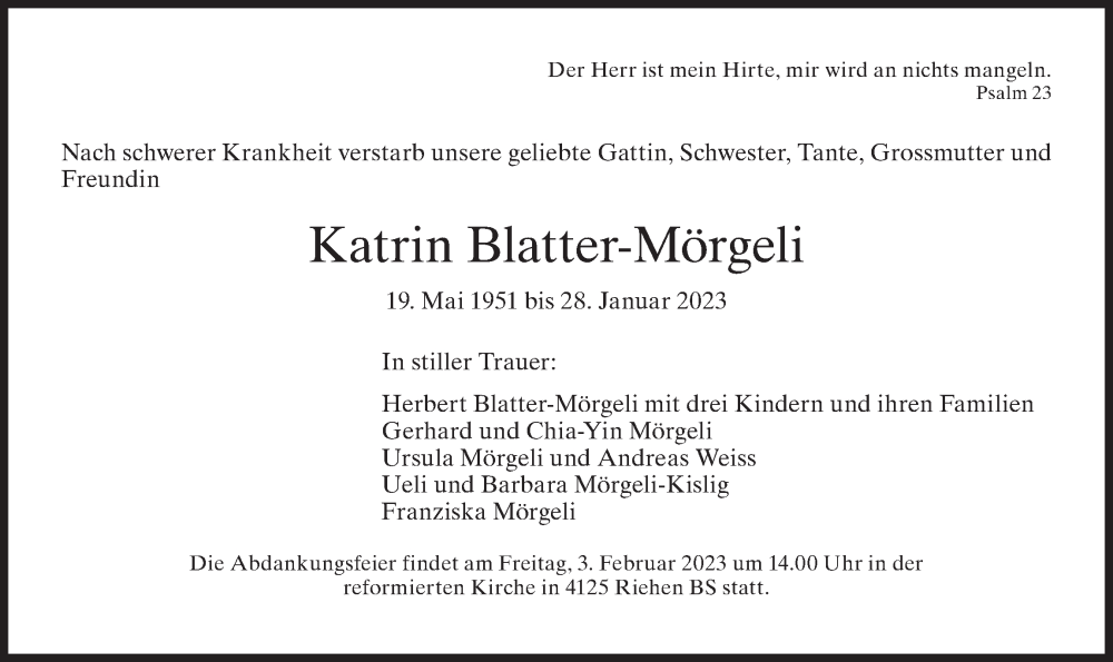  Traueranzeige für Katrin Blatter-Mörgeli vom 03.02.2023 aus VO solo