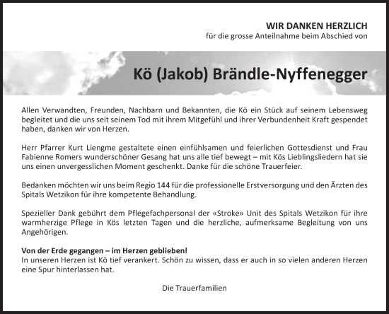 Traueranzeige von Kö Brändle-Nyffenegger von AvU