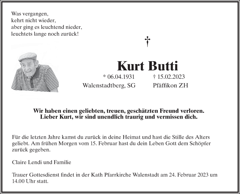  Traueranzeige für Kurt Butti vom 21.02.2023 aus ZO solo
