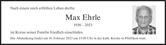Traueranzeige von Max Ehrle von AvU