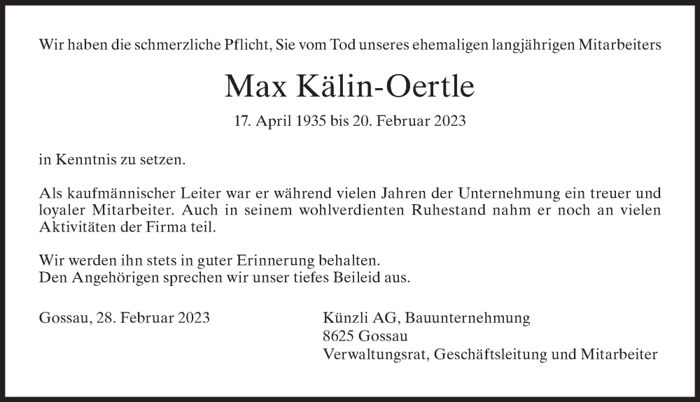  Traueranzeige für Max Kälin-Oertle vom 01.03.2023 aus AvU
