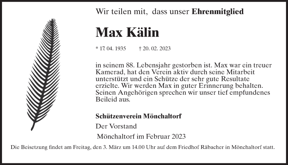  Traueranzeige für Max Kälin vom 01.03.2023 aus AvU