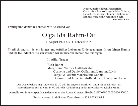 Traueranzeige von Olga Ida Rahm-Ott von AvU
