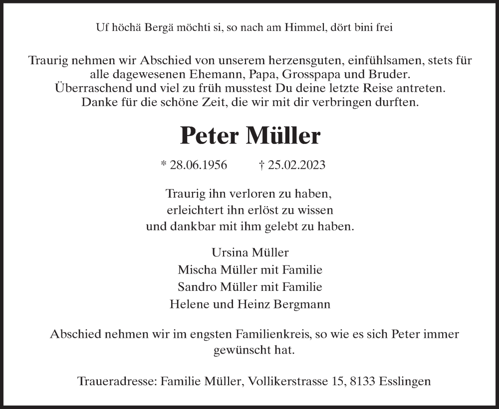  Traueranzeige für Peter Müller vom 01.03.2023 aus AvU