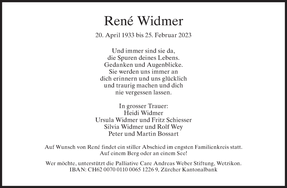  Traueranzeige für René Widmer vom 01.03.2023 aus AvU