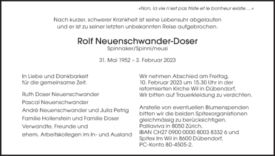 Traueranzeige von Rolf Neuenschwander-Doser von VO solo