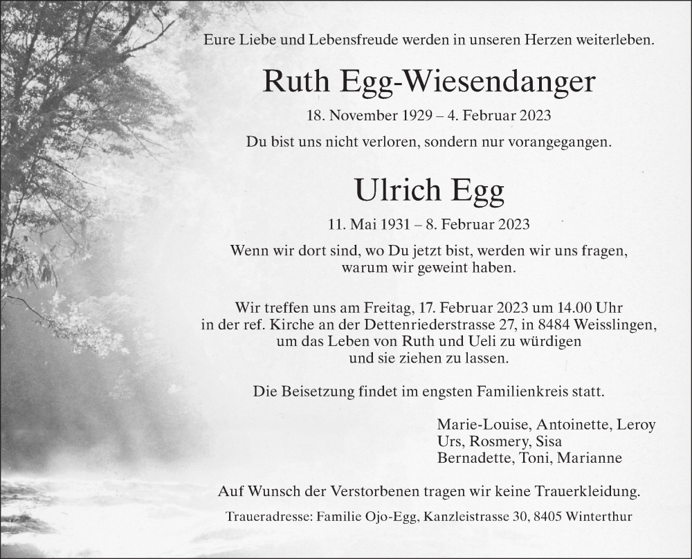  Traueranzeige für Ruth Egg-Wiesendanger vom 15.02.2023 aus AvU