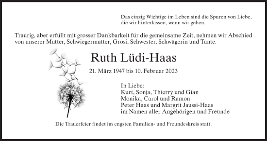 Traueranzeige von Ruth Lüdi-Haas von AvU