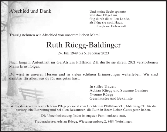 Traueranzeige von Ruth Rüegg-Baldinger von AvU