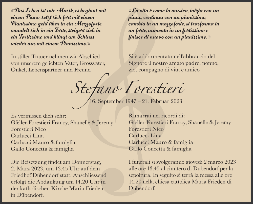  Traueranzeige für Stefano Forestieri vom 24.02.2023 aus VO solo