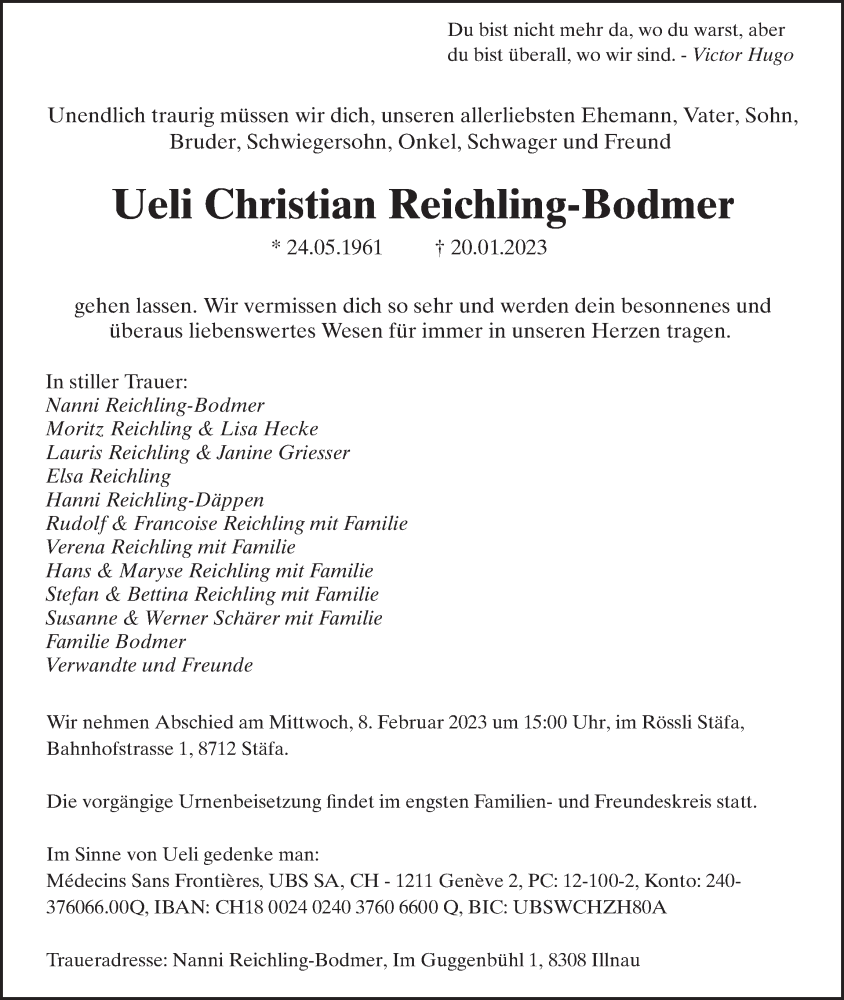  Traueranzeige für Ueli Christian Reichling-Bodmer vom 02.02.2023 aus reg_2