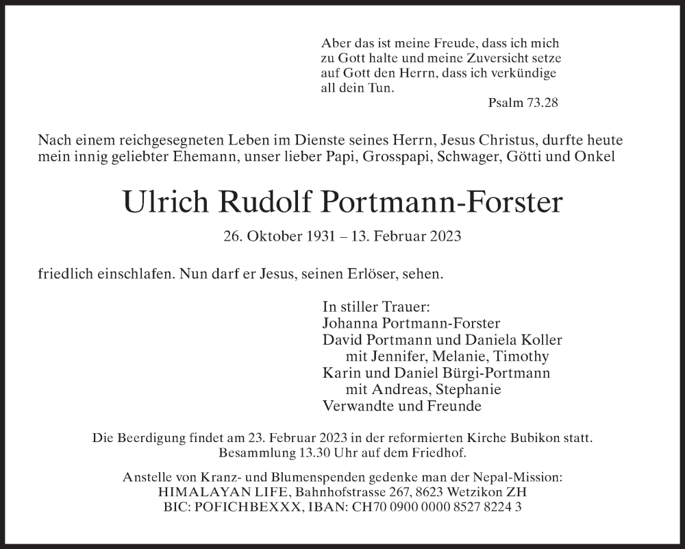  Traueranzeige für Ulrich Rudolf Portmann-Forster vom 16.02.2023 aus ZO solo